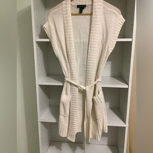Ralph Lauren sleeveless, Ivory -colored, tie-front cardigan sweater Size Small